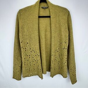 Eileen Fisher Moss Green Cardigan Open Knit Perforated 100% Merino Wool Small